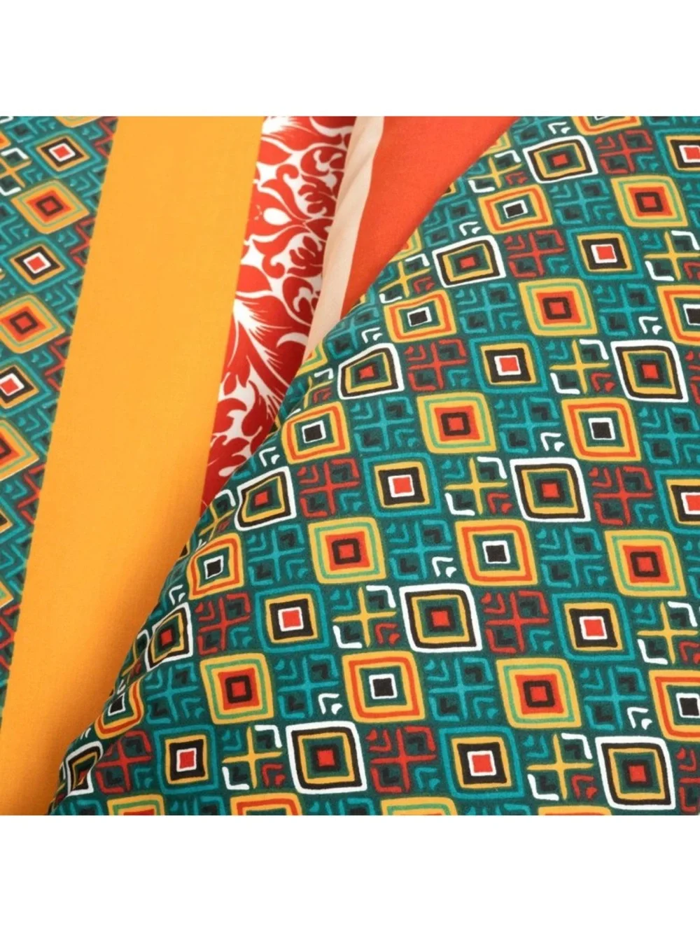 Lush King Multicolor Striped Duvet Cover  Set,Turquoise/Red/Mustard/Orange